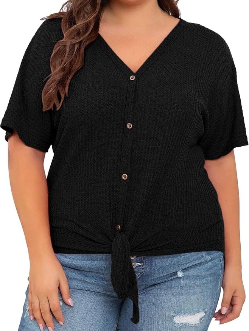 Waffle-Knit Tie-Front Button Down Top -Black Size XL New